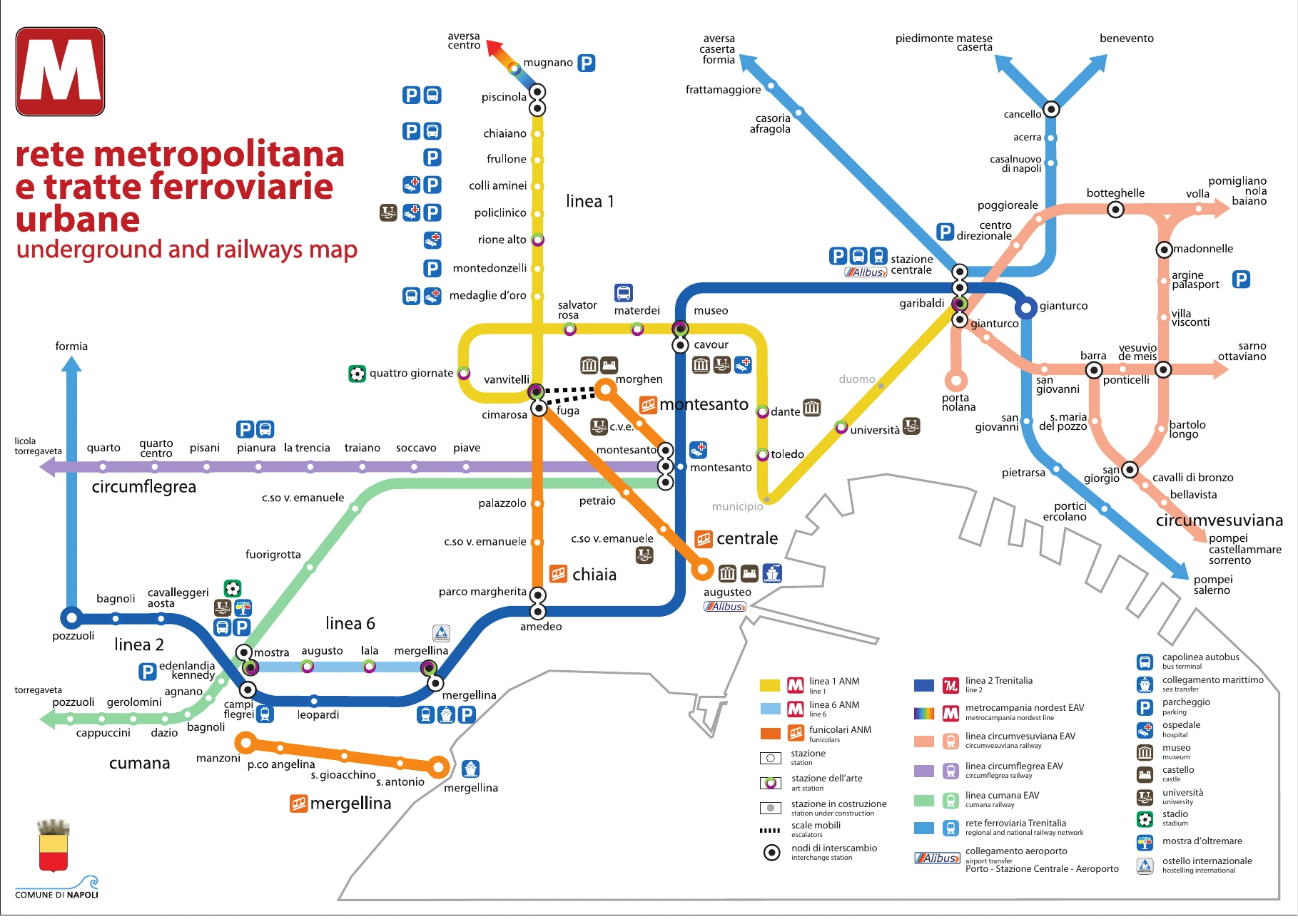 Mappa completa della metropolitana di Napoli, ferrovie urbane, funicolari e linee EAV