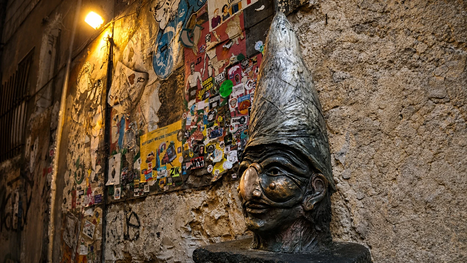 Pulcinella e street art nel centro storico di Napoli vicino Via Toledo